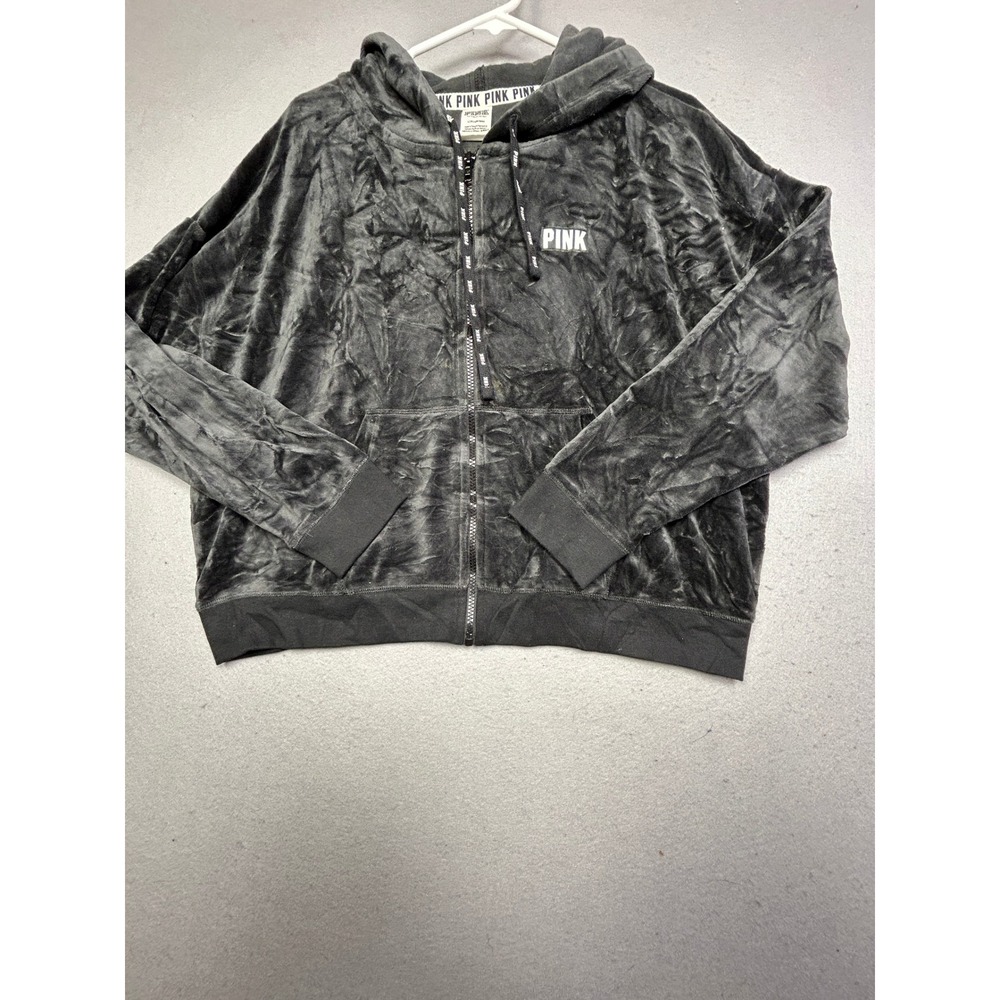 Victoria's Secret PINK Zip Hoodie Velour Crushed Velvet Black Large Women